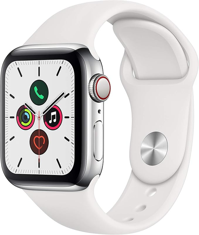 Apple Watch Series 5 (GPS + Cellular, 40mm) - ​ Stainless Steel Case with White Sport Band | Amazon (US)
