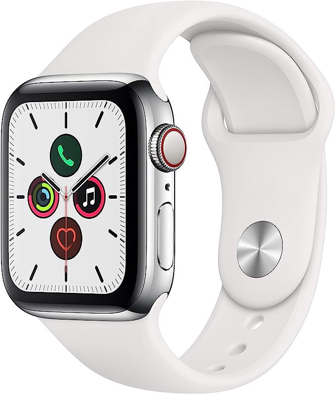 Apple Watch Series 5 (GPS + Cellular, 40mm) - ​ Stainless Steel Case with White Sport Band | Amazon (US)