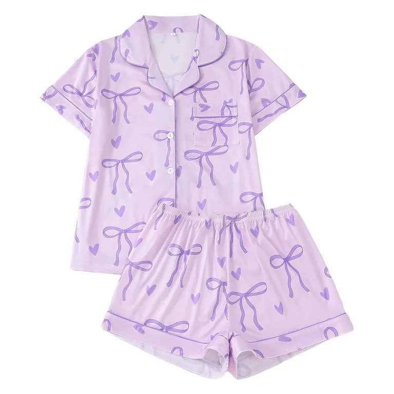 KKBOTIVE Women's Valentines Pajamas Set 2 Piece Heart Embroidery Short Sleeve Button Up Sleepwear... | Walmart (US)