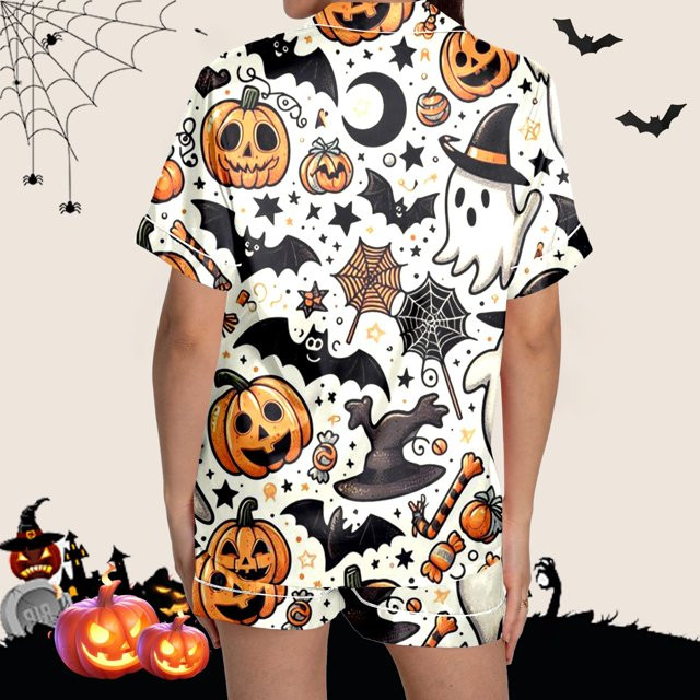 CHANGMOO Halloween Womens Silk Pajamas Cute Printed Pj Sets Sleepwear Button Up Shirt with Short ... | Walmart (US)