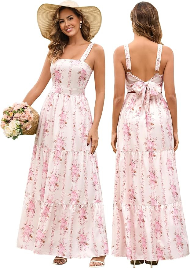 HTZMO Womens Summer Wedding Guest Floral Maxi Sundress Square Neck Back Bow Tie Flowy Boho Beach ... | Amazon (US)