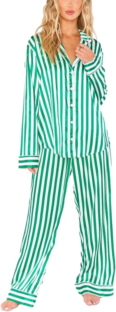 NUFIWI Women Christmas 2 Piece Pajamas Set Striped Printed Long Sleeve Button Down Shirt and Pant... | Amazon (US)