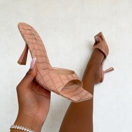 Kyleigh Nude Patent Faux Croc Print Mid Heel Mules | Simmi Shoes