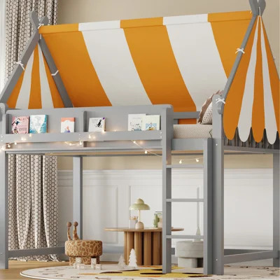 Gray Loft Bed With Canopy, Led Lighting, And Front Bookshelf - Solid Wood For Secure Use Lights, Integrated Storage Ideal 's Study Recreation | Wayfair North America