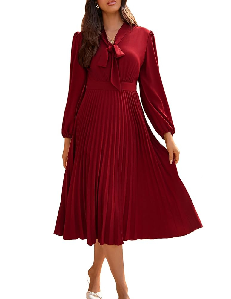 GRACE KARIN Womens 2025 Fall Long Sleeve Dress Casual V Neck Pleated A Line Flowy Midi Dresses | Amazon (US)