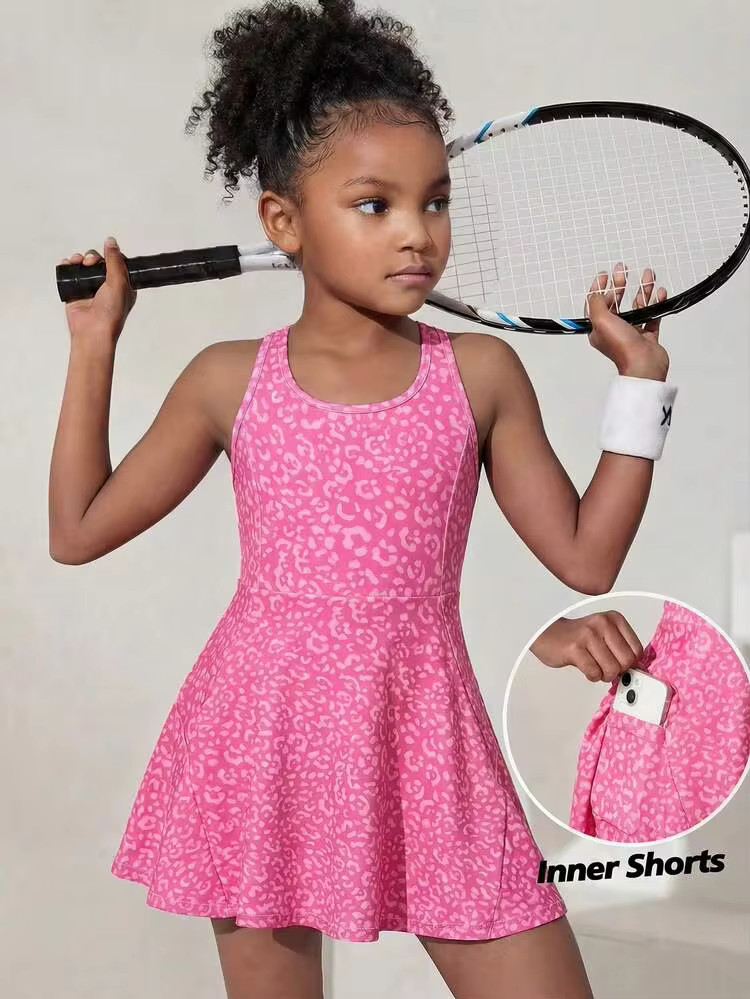 SHEIN Kid Girl Leopard Print Knit Camisole Dress Sets With Inner Shorts,Light Pink,Summer,Gym Ros... | SHEIN