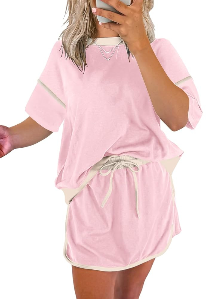 EVALESS Women's 2 Piece Sets Summer Casual Short Sleeve Tops Matching Drawstring Mini Skirt Going... | Amazon (US)