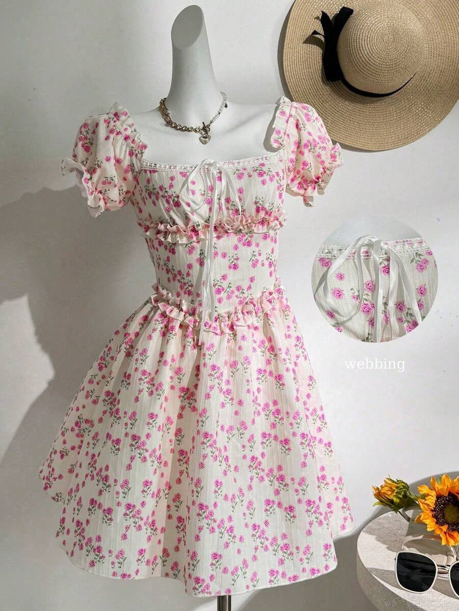 Glamine Charm Women's Textured Ditsy Floral Square Neck Petal Sleeve Ruffle Hem Dress Milkmaid Dr... | SHEIN