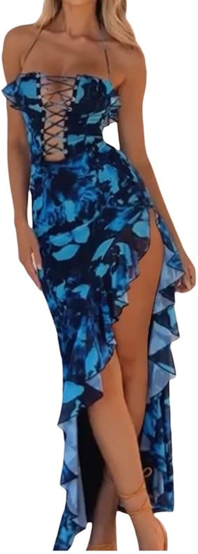 Floral Print Ruffles Tassels Split Midi Dress Tie Dye Cut Out Maxi Dress V Neck Backless Long Dre... | Amazon (US)
