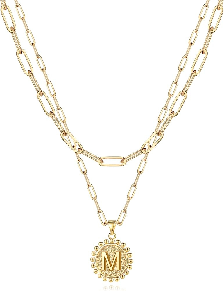 Yesilver Layered Initial Necklaces for Women Girls, 14K Gold/White Gold Plated Paper Clip Chain N... | Amazon (US)