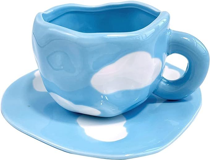 Lioong Cute Twisted Irregular Ceramic Coffee Mugs And Saucer Set Cloud Coffee Mugs Tea Cup Gifts ... | Amazon (US)