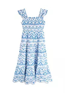 Girls 7-16 Embroidered Printed Smocked Eyelet Dress | Belk