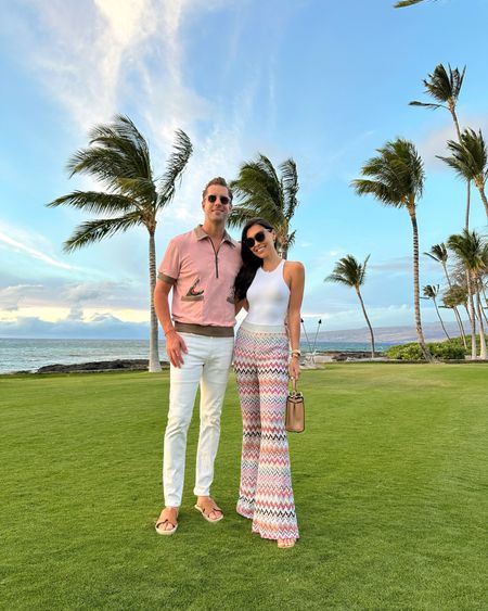Kat Jamieson wears Missoni pants in Hawaii. Thomas Jamieson wears a Tombolo shirt and Hermes sandals. Vacation outfit, what to wear in Hawaii, bodysuit, spring outfit, his and hers outfits, couple, men’s fashion. 

#LTKmens #LTKtravel #LTKSeasonal