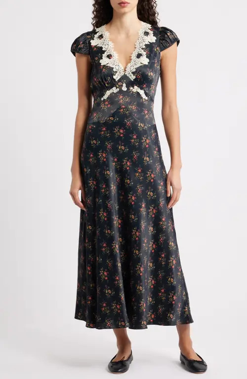 DÔEN Coraline Lace Detail Floral Satin Maxi Dress in Fleur Du Palais at Nordstrom, Size Medium | Nordstrom