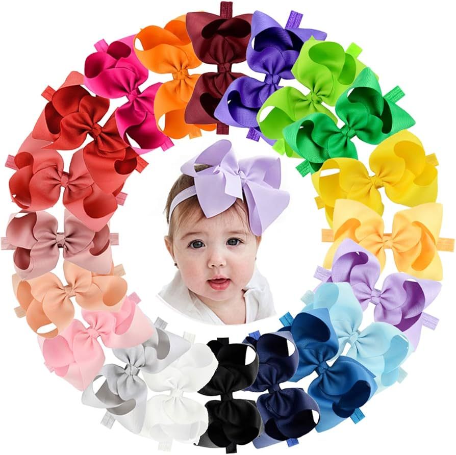 jollybows 20pcs Baby Girls Grosgrain Ribbon Hair Bows Headbands 6" Elastic Hair Band Hair Accesso... | Amazon (US)