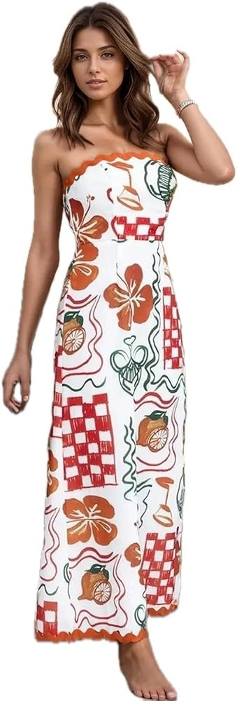 Women's Printed Tube Maxi Dress 100% Polyester Fabric Opaque Floor Length Silhouette for Everyday... | Amazon (US)