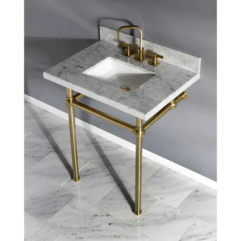 Kingston Brass Templeton 30-Inch Carrara Marble Vanity Top with Brass Legs (8-Inch, 3-Hole) & Rev... | Wayfair North America