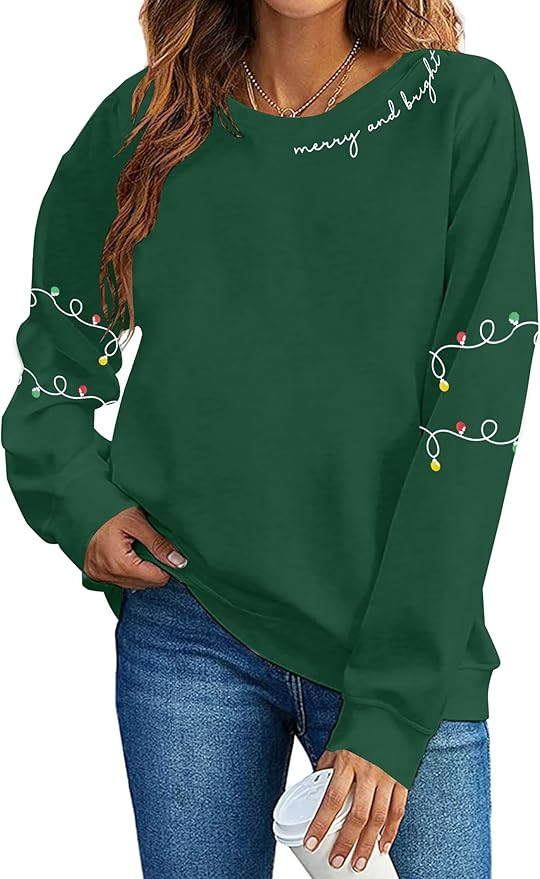 Christmas Sweatshirt Women Christmas Light Sweatshirts Merry And Bright Xmas Long Sleeve Shirts C... | Amazon (US)