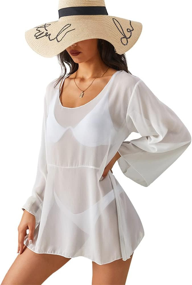 ZAFUL Women's Beach Swimsuit Cover Up Sheer Lace Embroidered Kimono Cardigan (White11, One Size) | Amazon (US)