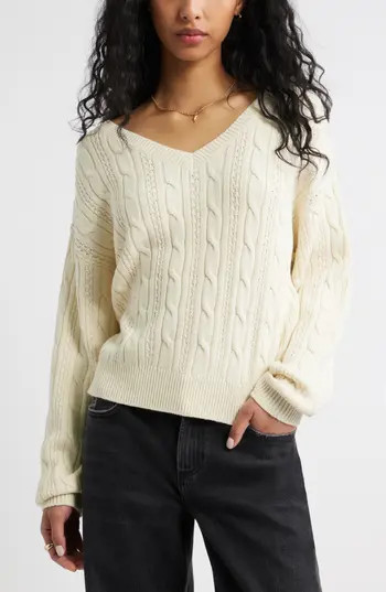 BP. Bow Back Cable Knit Sweater in Ivory- Black Satin Bow at Nordstrom Rack, Size Xx-Small | Nordstrom Rack