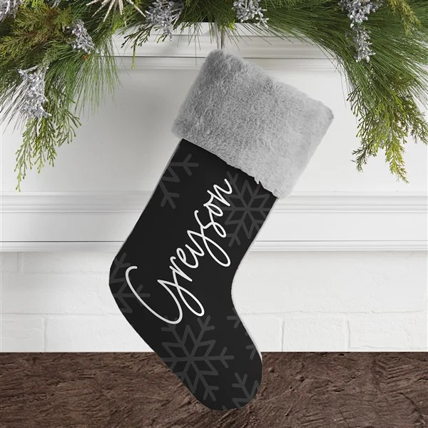 Elegant Snowflake Personalized Grey Faux Fur Christmas Stocking | Personalization Mall