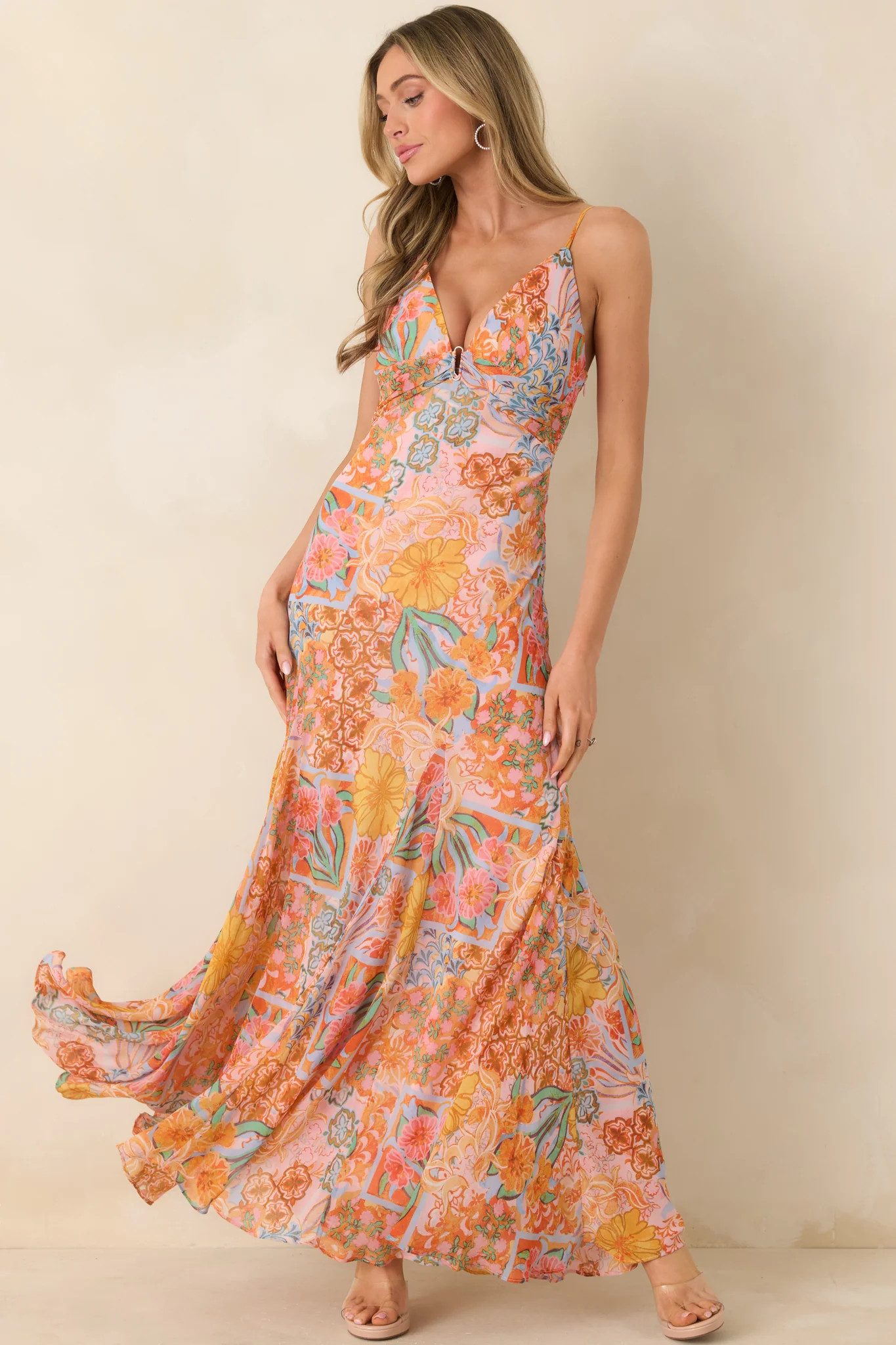 Sunshine of My Love Pink Multi Floral Print Chiffon Maxi Dress | Red Dress