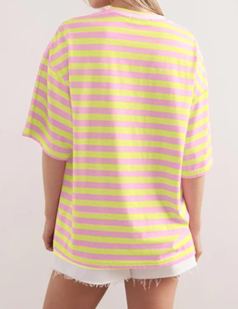 ACCPUR Women Oversized Striped Short Sleeve T-Shirts Color Block Crew Neck Basic Shirt Casual Sum... | Amazon (US)