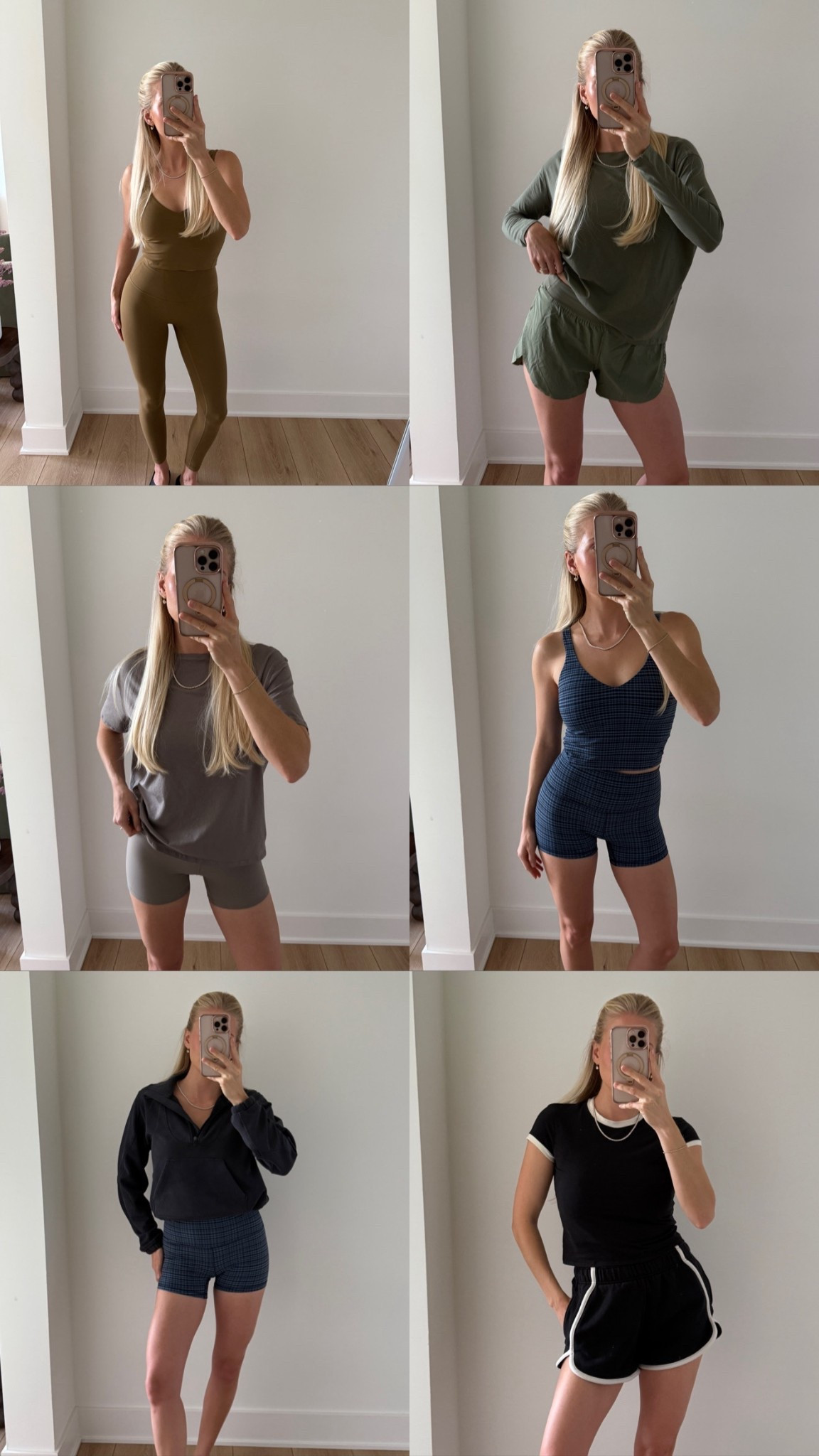 Lululemon activewear round-up! Sizing below ⬇️ #kathleenpost 

Outfit 1: Size 6 top, size 4 leggings (color: allspice)

Outfit 2: Size 4 top, size small shorts (color: bay leaf)

Outfit 3: Size 4 tshirt and shorts (color: warm ash grey)

Outfit 4 & 5: Size 8 top, size 4 half zip, size 4 shorts (color: Glow Grid Washed Denim Multi)

Outfit 6: Size small top and shorts (color: black/light ivory)
