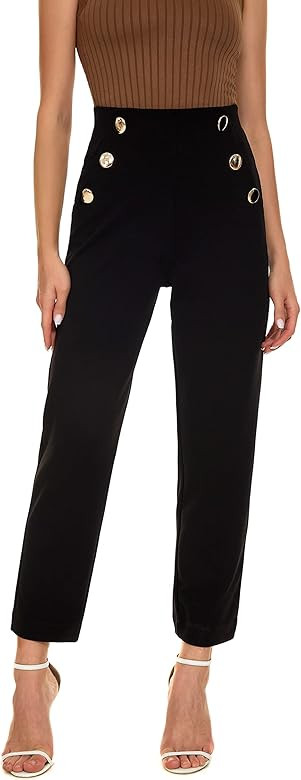 Women's Casual High Waisted Ankle Cropped Pants Elastic Waistband Slant Pockets with Metal Button... | Amazon (US)