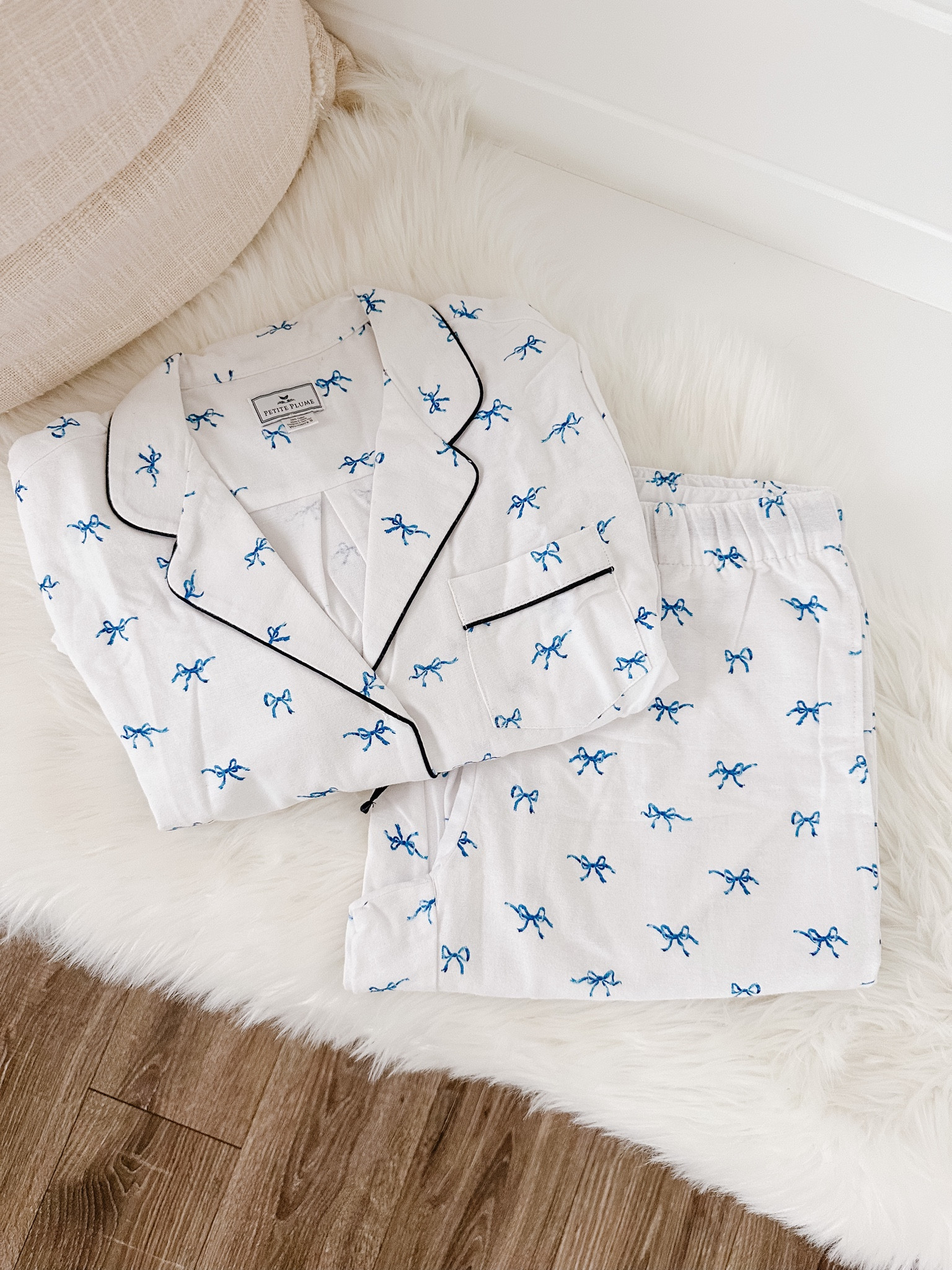 Got the cutest blue and white bow pajamas from petite plume. 