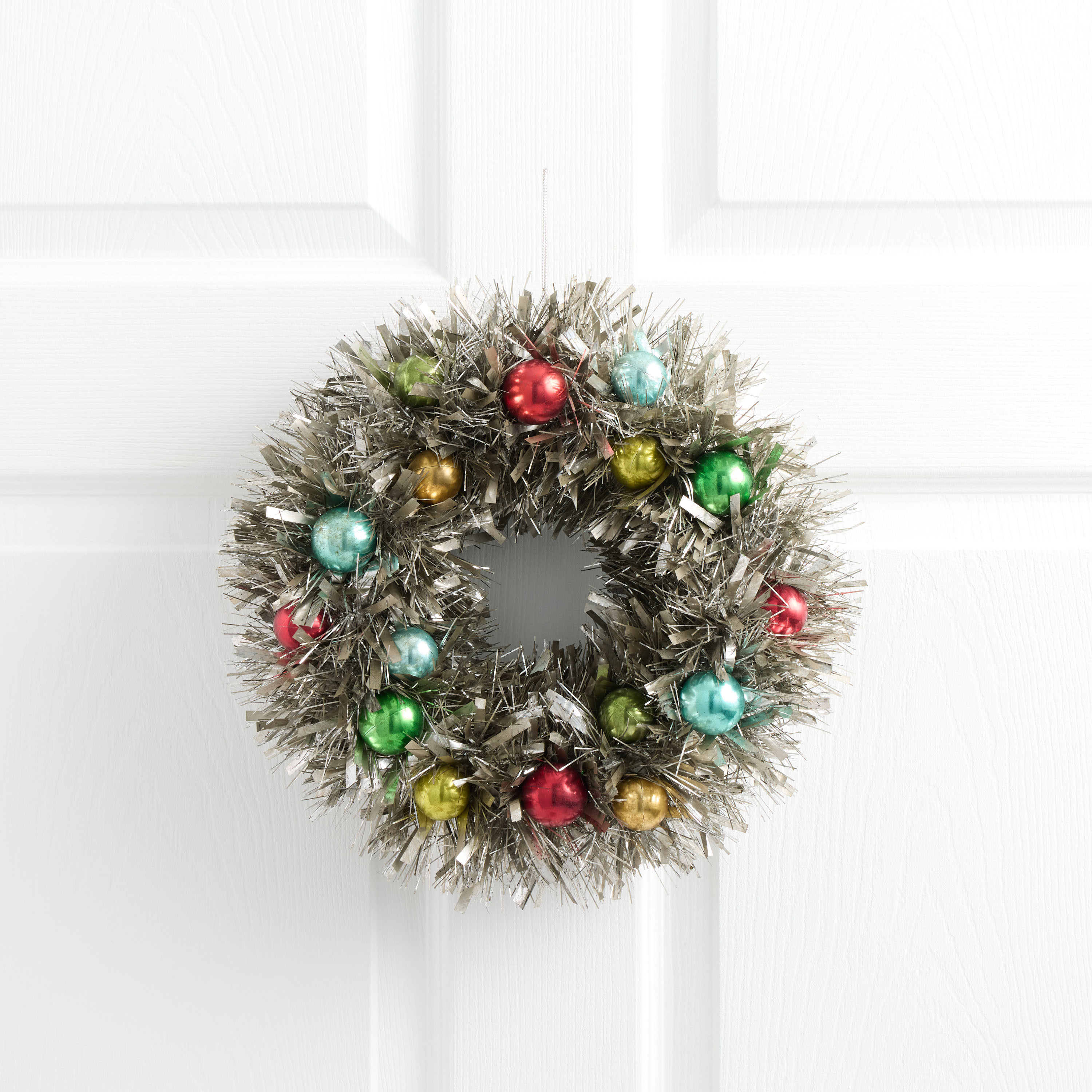 Antique Silver Retro Tinsel with Ball Ornaments Wreath | World Market