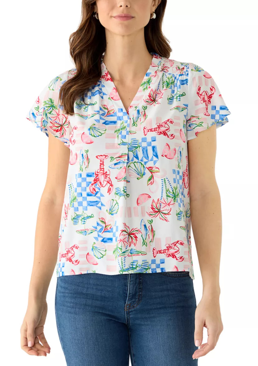 Petite Flutter Sleeve Ruffle Neck Top | Belk