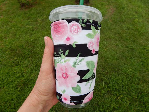 Roses On Stripes Iced Coffee Cozy | Etsy (US)