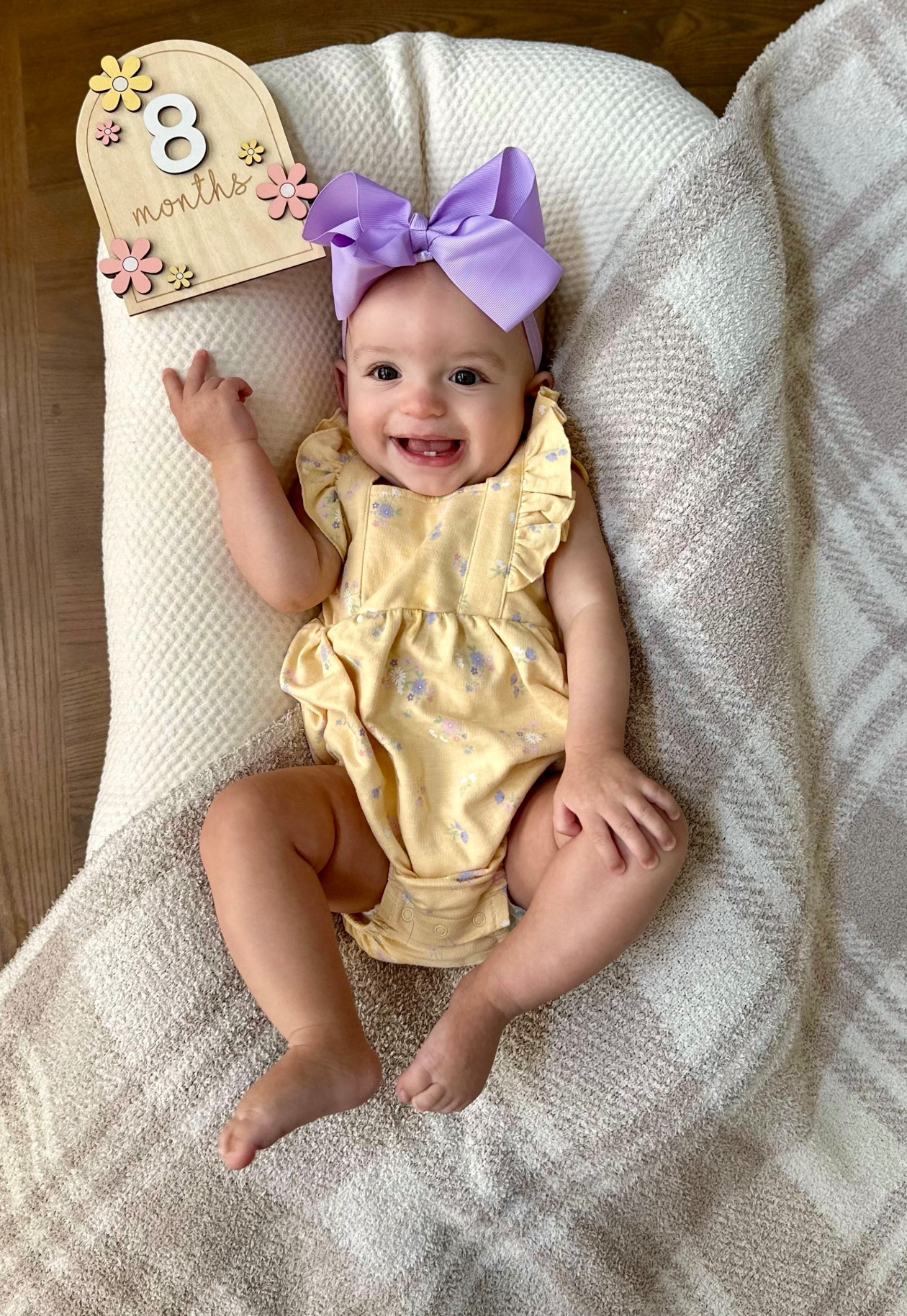 I am 8️⃣ months old! I am getting my top front teeth (ouch!) & I had my first ever play date with other babies! I started using a walker, but I mainly use it to get to the indoor plants so I can pull all of the moss out 😜 I am very close to sitting on my own! My favorite things are eating, Ms Rachel songs, taking baths & getting attention from my parents & brothers, it immediately makes me smile so big! 💗

#8MonthsOld #BabyMilestones #SweetBaby #HappyBaby #SmileyBaby #CutestBaby #BabyGirl #BabyLove #InstaBaby #MomLife #LifeWithBaby #BabyOOTD #BabyBow #LittleSunshine #GrowingUpTooFast 

#LTKFamily #LTKKids #LTKBaby