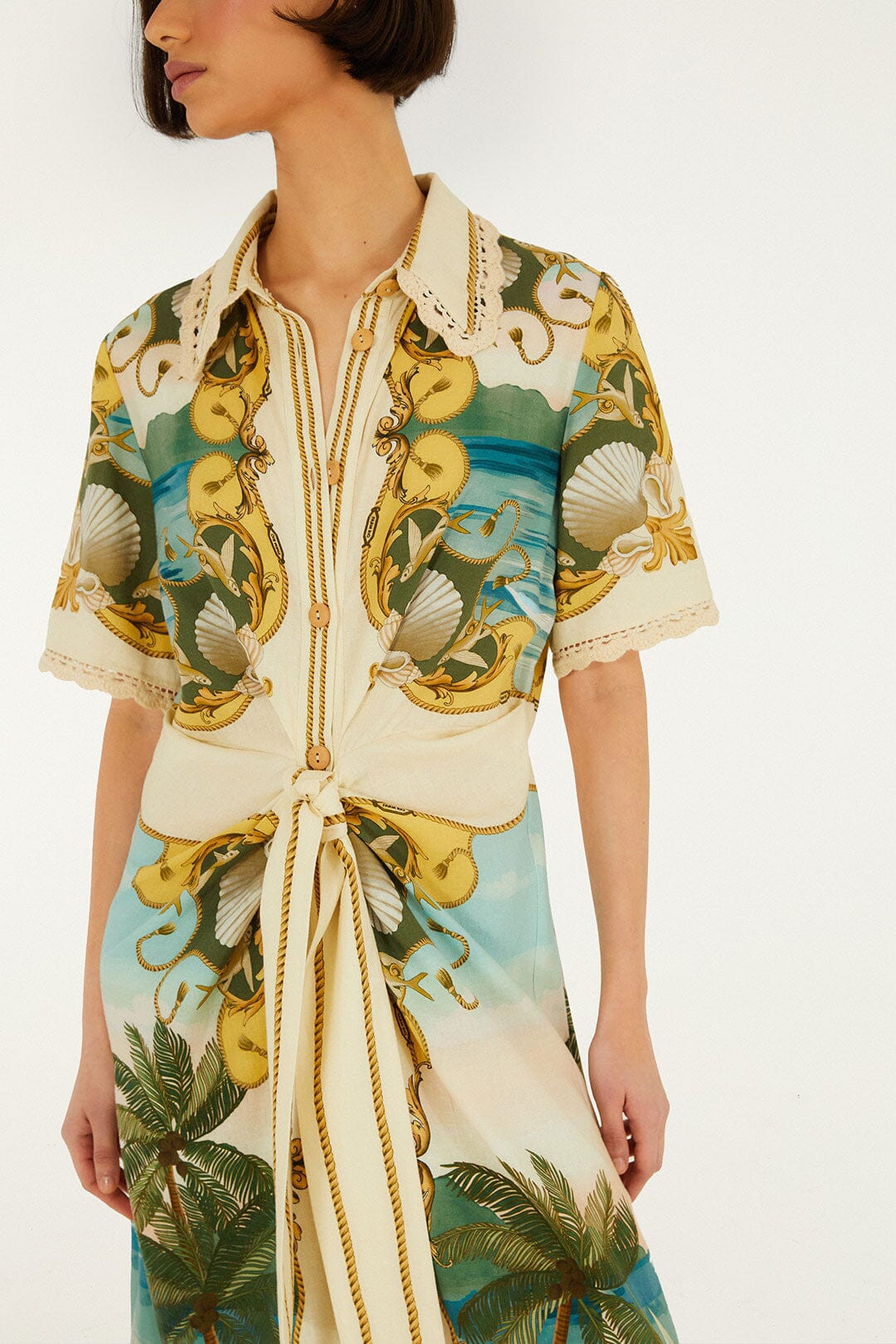 Off-White Royal Sea Collared Lenzing\u0099 Ecovero\u0099 Euroflax\u0099 Midi Dress | FARM Rio | FarmRio (US)