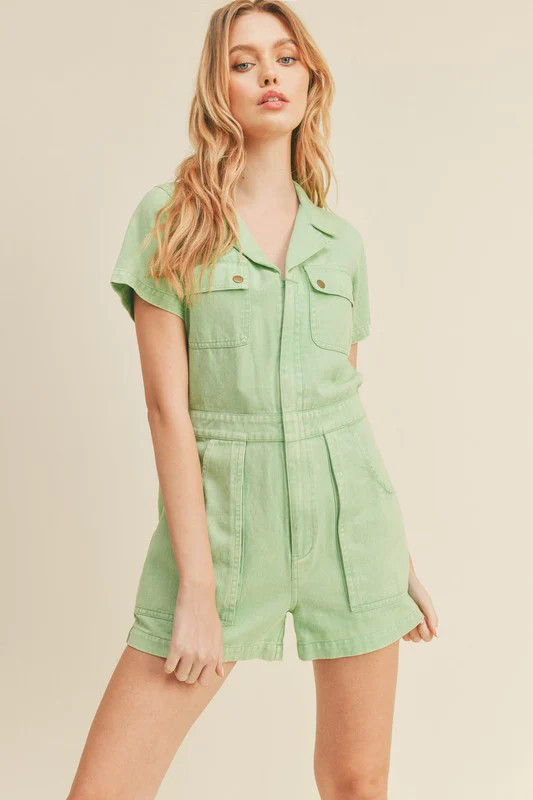 BLYTHE WASHED DENIM UTILITY ROMPER IN ORCHID GREEN | Indigeaux Denim Bar & Boutique