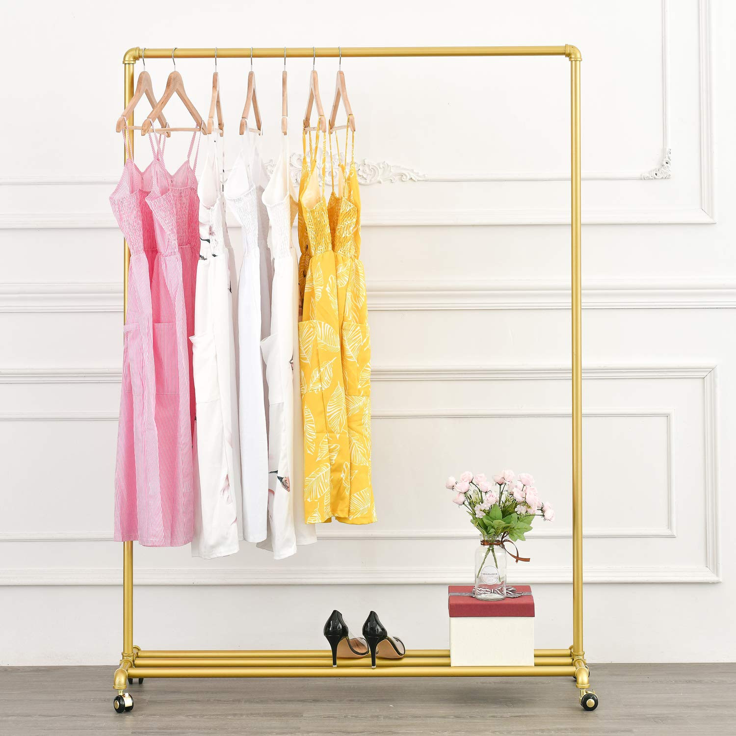 BOSURU Rolling Gold Clothing Racks on Wheels, Retail Display Industrial Pipe Clothing Racks for Hanging Garment Racks for Boutiques, Home | Amazon (US)