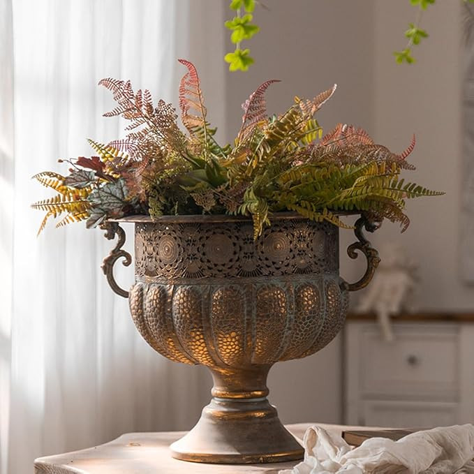 Vintage Metal Decorative Urn Planter with Stand, Embossed Pattern, Bronze Finish (45 * 39 * 36CM) | Amazon (US)