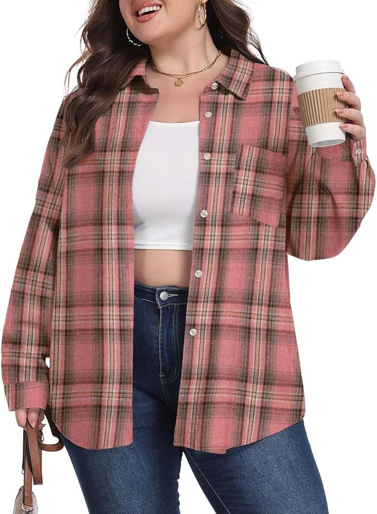 OLRIK Womens Plus Size Plaid Shirts Lightweight Flannel Roll Up Long Sleeve Collared Button Down ... | Amazon (US)