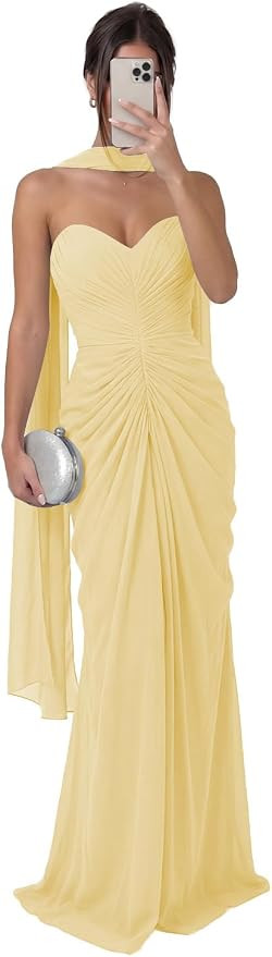 Strapless Chiffon Bridesmaid Dress for Women Scarf Ruched Mermaid Formal Wedding Guest Dress with... | Amazon (US)