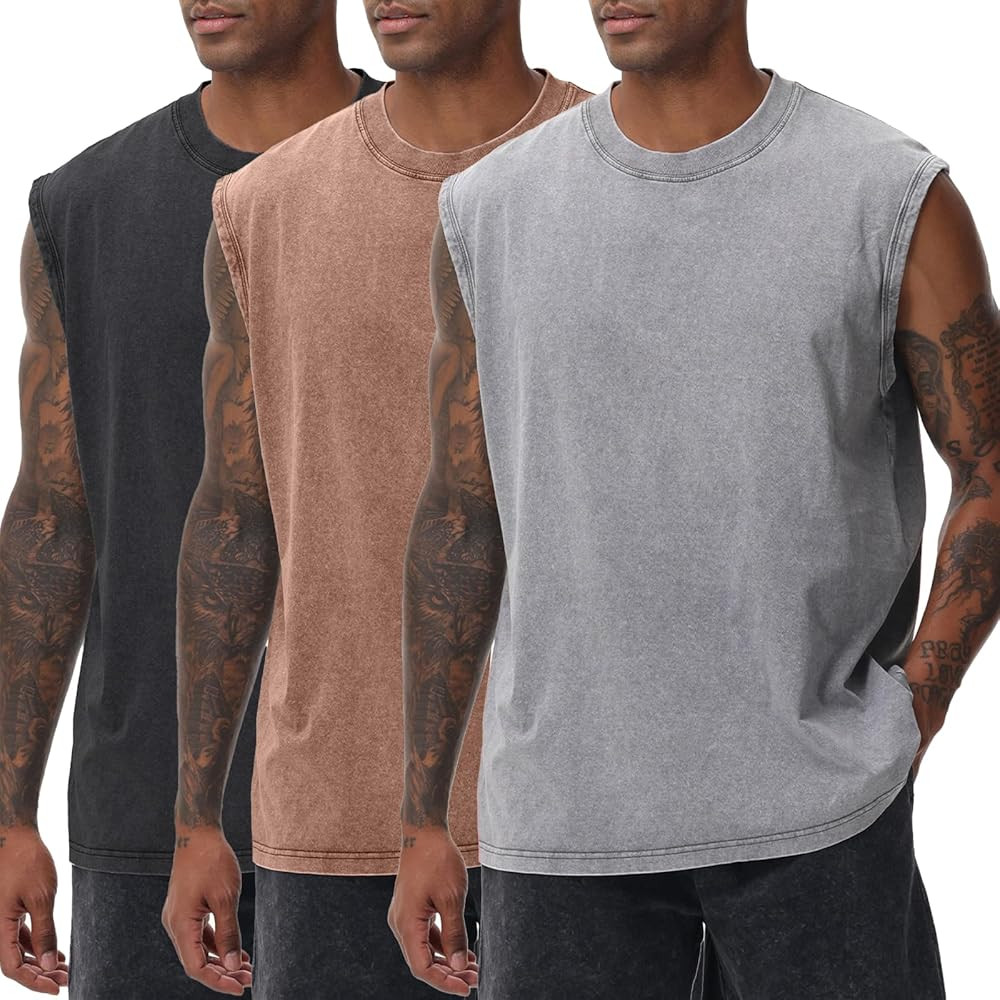 Mens Workout Tank Tops Sleeveless Tee Shirts Men Muscle Shirt Gym Acid Wash T Shirts Running Beac... | Amazon (US)