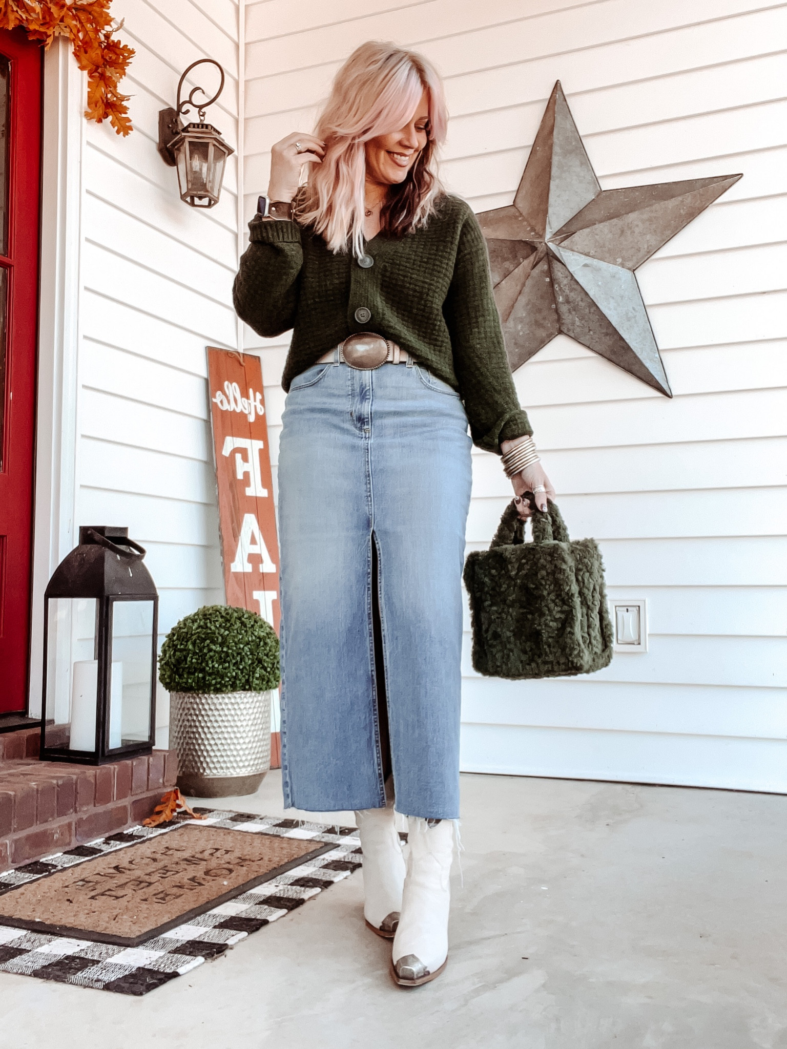 Church outfit, denim skirt, cardigan sweater, boots, western boots, free People boots, sherpa tote, sherpa bag, maxi denim skirt, belt, free People, target, fall outfit, fall style, church style 

#LTKover40 #LTKSeasonal #LTKstyletip