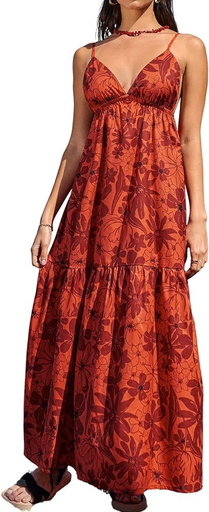 CUPSHE Floral Print V-Neck A-Shape Dress Sleeveless Maxi Dresses Casual Summer,L at Amazon Women... | Amazon (US)