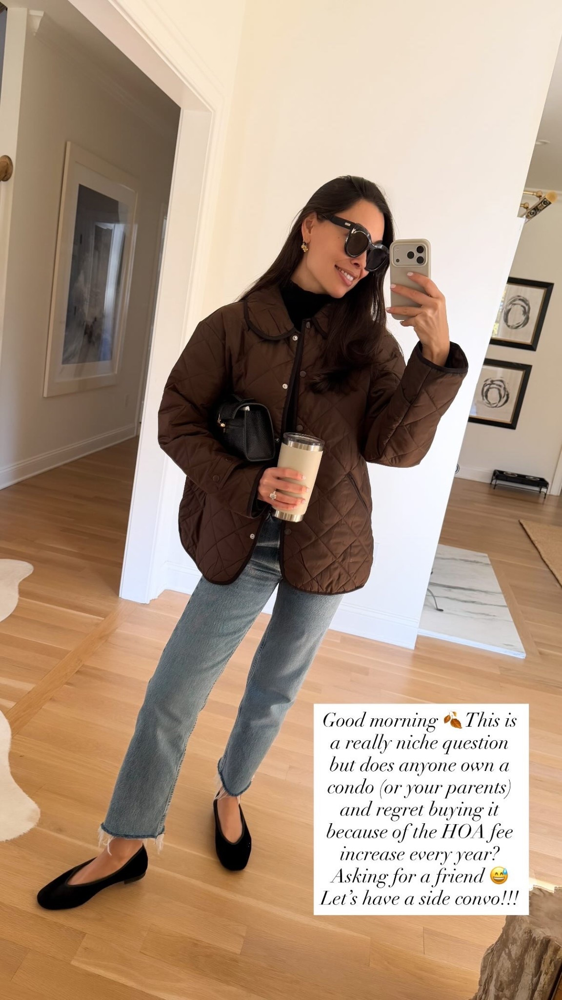 Fall outfit, Toteme jeans, quilted brown jacket, fall jacket, velvet ballet flats. 

#LTKSeasonal #LTKStyleTip #LTKShoeCrush