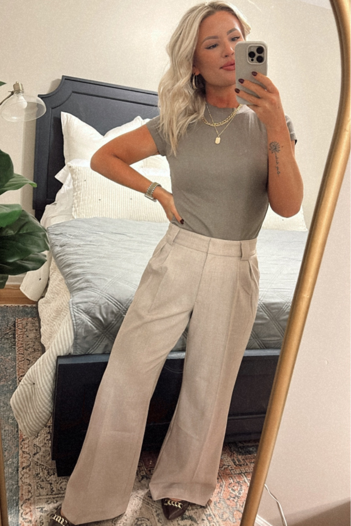 Workwear 
Small in top
Size 4 short in pants tts, with room to tuck shirts 
Shoes tts 

#LTKworkwear