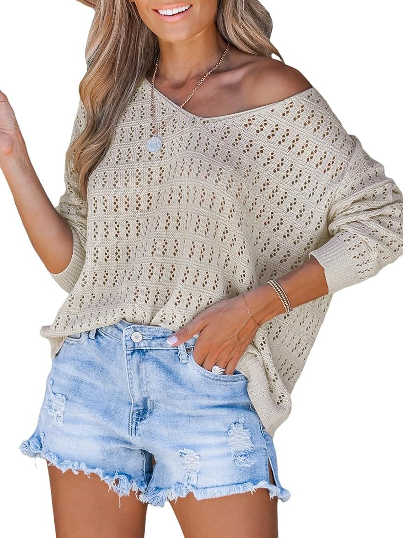 Women's V Neck Long Sleeve Crochet Apricot Cover-up Top Winter Casual Knit Pullover Sweater | Amazon (US)