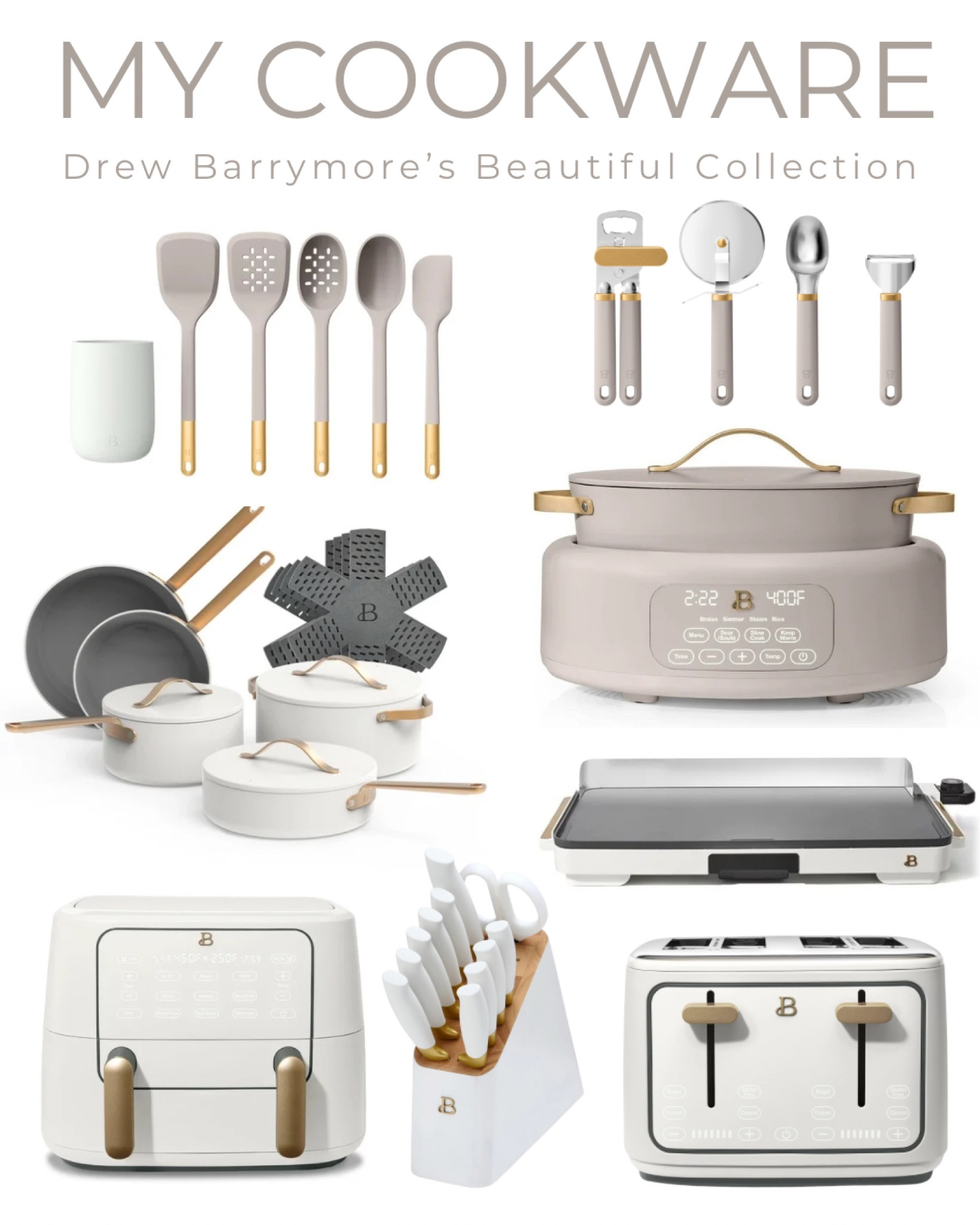 After many people asked about the pans my daughter was using in the kitchen, I put this together. 

Drew Barrymore's Beautiful line at Walmart not only cooks well but it's super stylish too. It comes in so many color options.

I think we use that griddle every weekend for French toast or pancakes. It's also really great for sleepovers. The warming pot cooks, boils and does it all… and then it keeps it warm. That's the toaster and air fryer that you see in my kitchen, her utensils are incredible and that knife block is really handy.

#LTKFindsUnder100 #LTKHome #LTKFamily