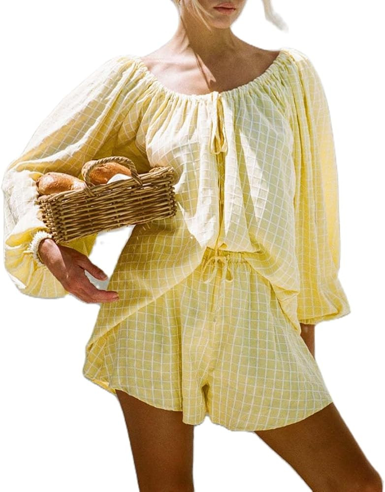 ROAONOCOMO Women Ruffle Pajama Set Long Puff Sleeve Babydoll Shirt Lace Trim Coquette Shorts Set ... | Amazon (US)