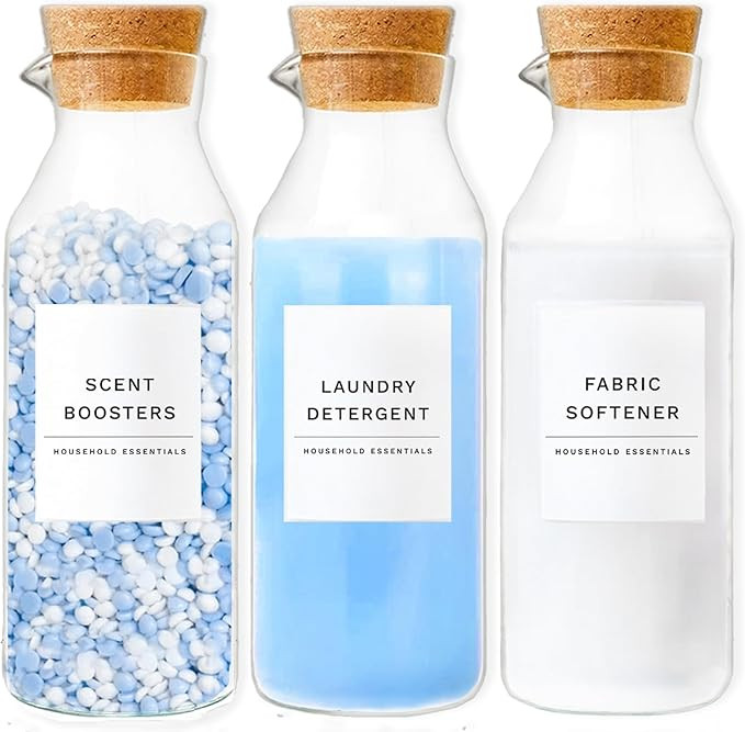 Glass Laundry Detergent Dispenser Set with Cork Lids, Fabric Softener Dispenser, Easy Pour 3 Pack... | Amazon (US)