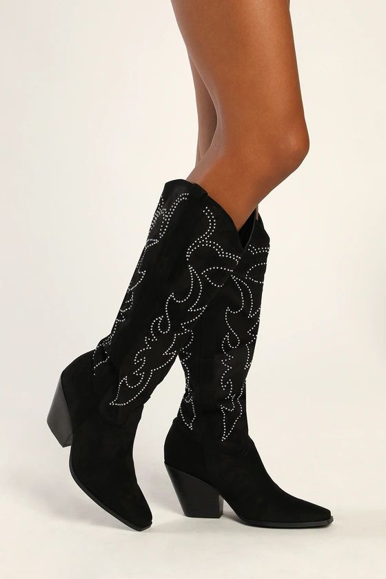 Celara Black Suede Knee-High Studded Western Boots | Lulus (US)